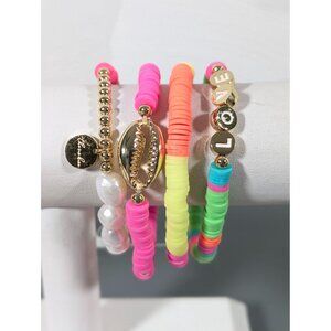 Beachy Boho Heishi Stack Bracelet Set of 4‎ Faux Pearl Neon Love Cowrie